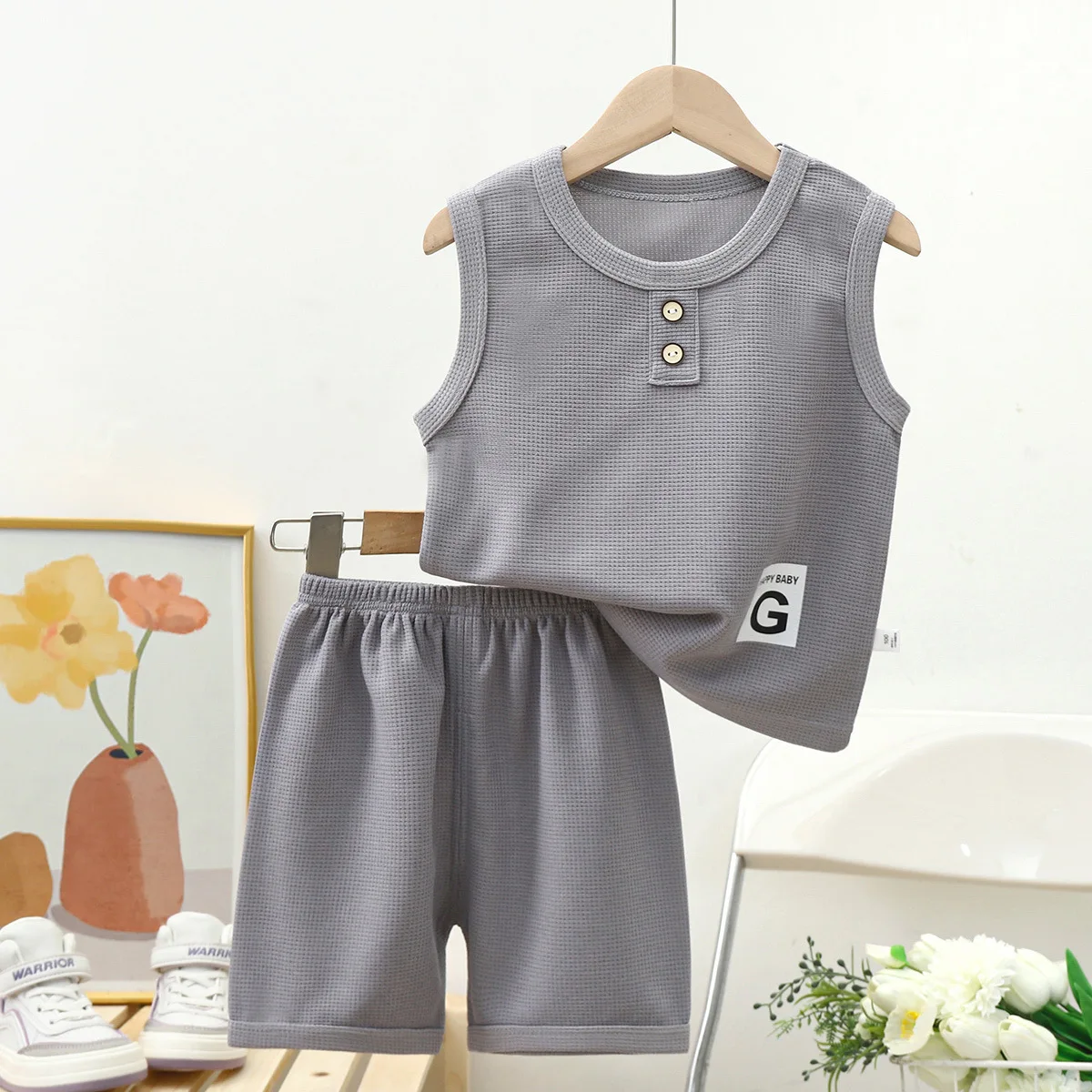 2024 new style baby clothes set popular hot sale summer children clothes set Two piece waffle vest wholesale good price.