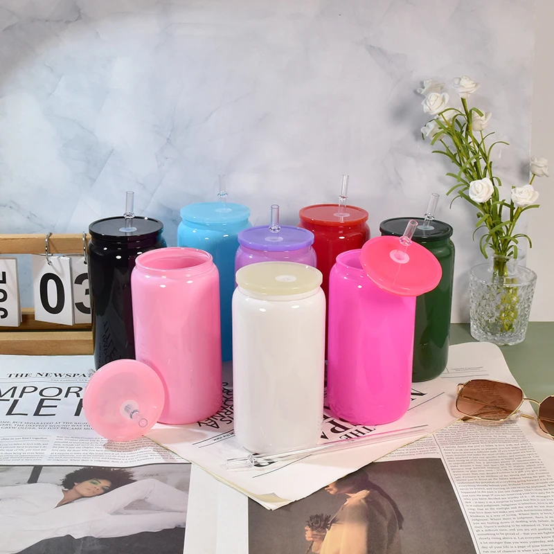 Wholesale 16oz sublimation colored glass can with colored plastic lids and plastic straw for UV DTF wraps