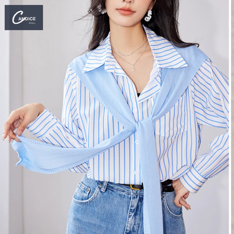 Candice French polo top fashion yellow knitted shawls stripe patchwork shirt