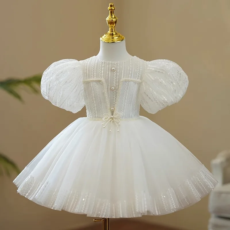 2-12 Years White Breaded Embroidery Tulle Fluffy Flower girls Dresses Baby Wedding Party Apparel Kids First Communion Clothes