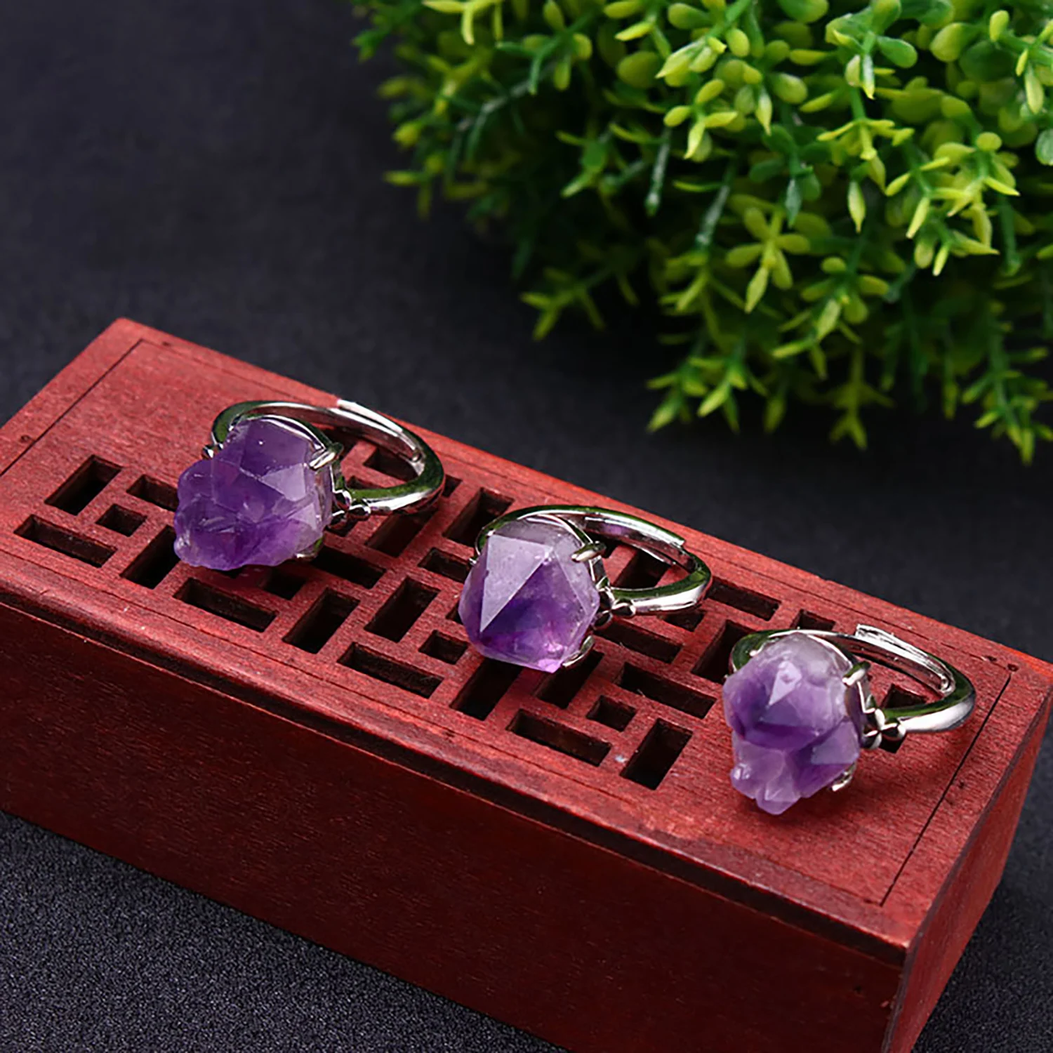 Raw Amethyst Engagement Ring for Women Men Girl Silver Druzy Quartz Crystal Irregular Genuine Stone Adjustable Ring