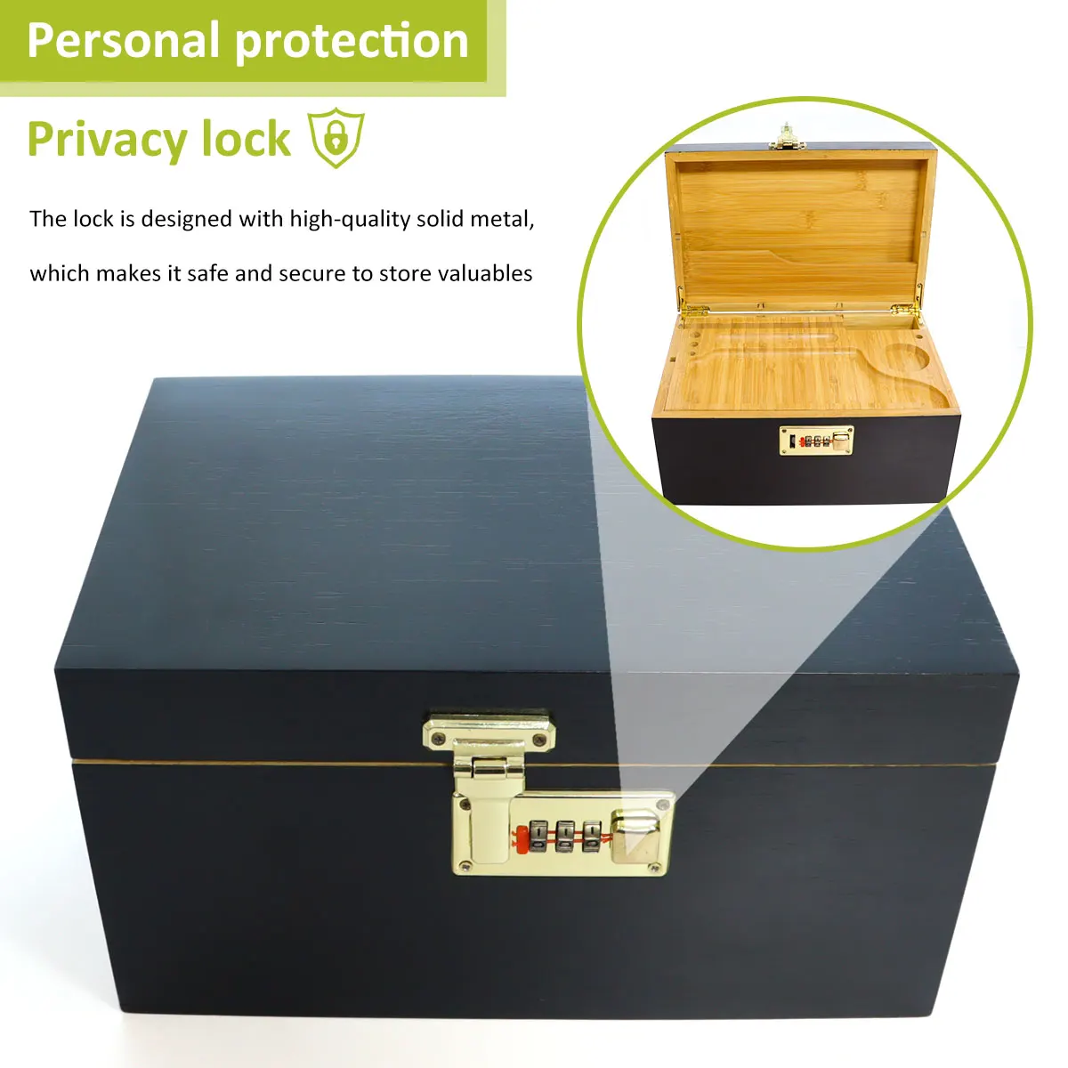 black large odor proof rectangular locking compartment walnut wooden bamboo herb money storage stash box with rolling tray lid