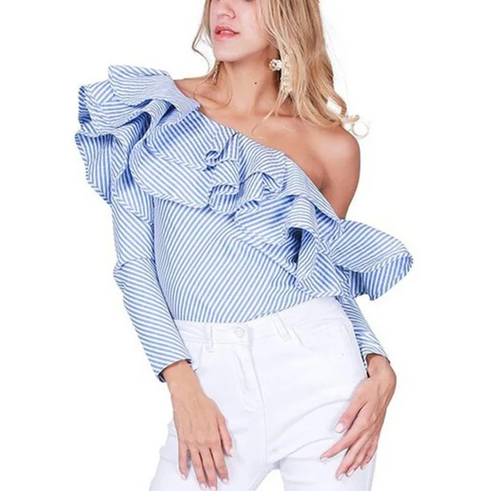 huilin factory oem wholesale custom blouses elegant women shirt blouses asymmetrical one shoulder flounce collar blouse tops