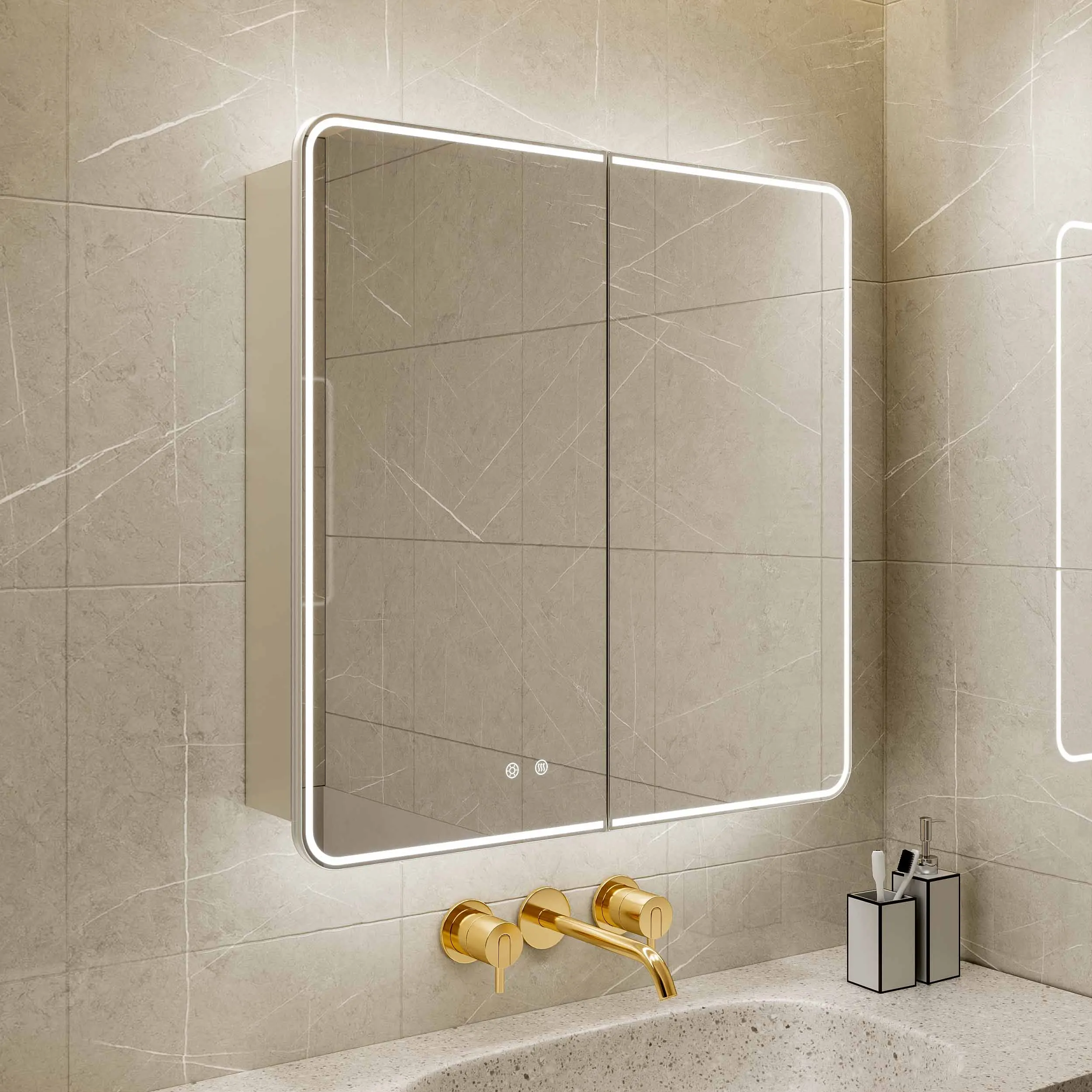 Modern 800mm Smart Touch Surface Mount Frontlit Anti Fog Washroom Medicine Toilet Led Lights 2 Door Mirror With Cabinet Bathroom