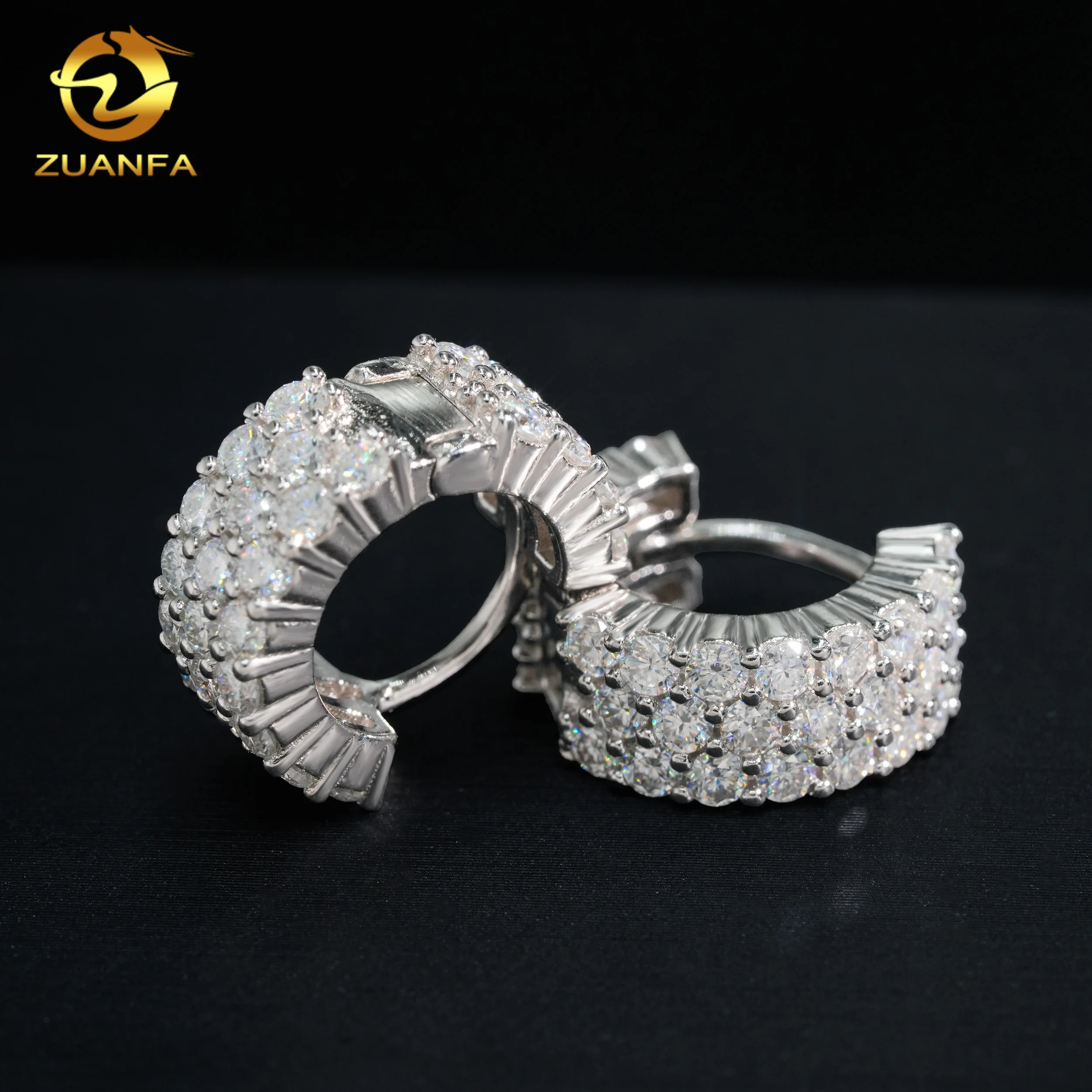 3 Rows Moissanite Diamond Earrings Fashion Silver Jewelry Hip Hop Hoop Earrings For Men Women