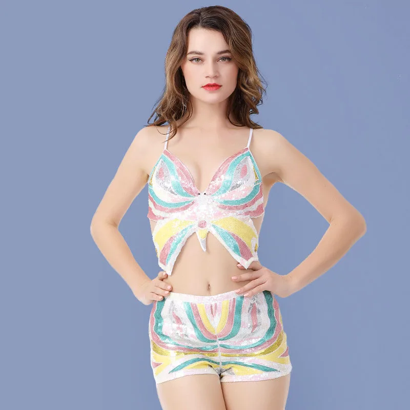 Sexy  Multicolored Sequin embroidery Butterfly Club Pole Dance Show Costumes