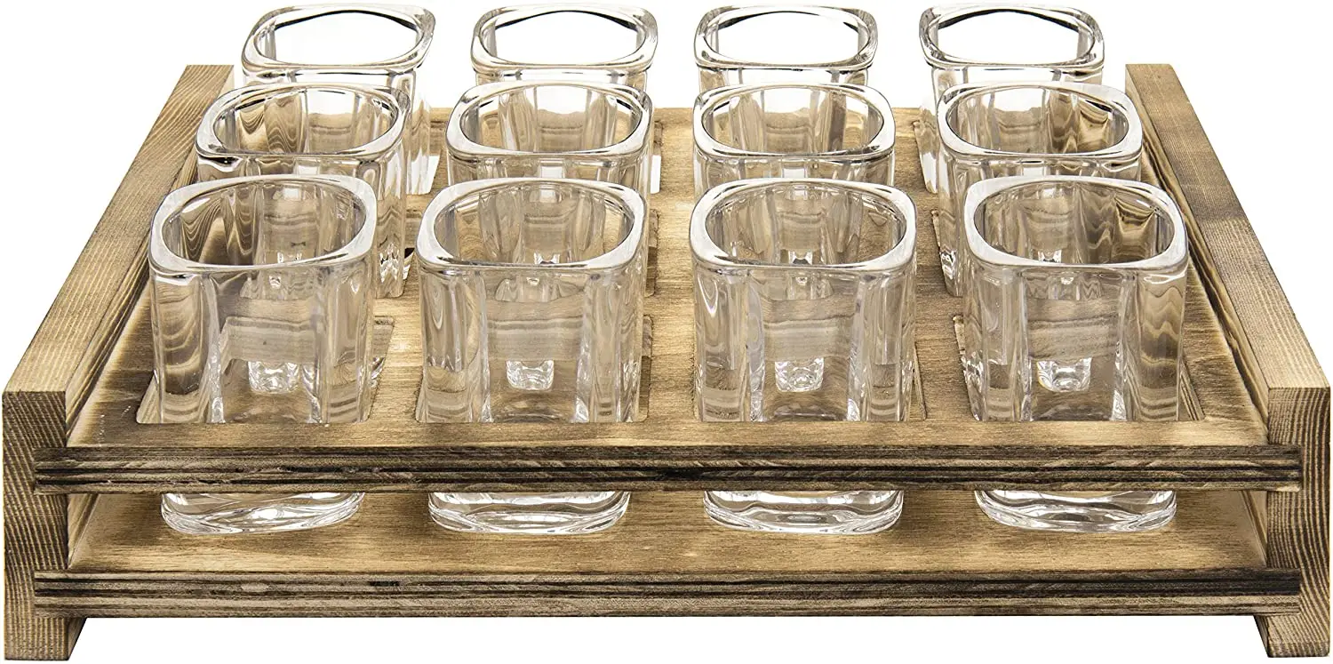 Shot Glasses Server Set Includes 12 Square Glasses and Whitewashed Wood Serving Tray