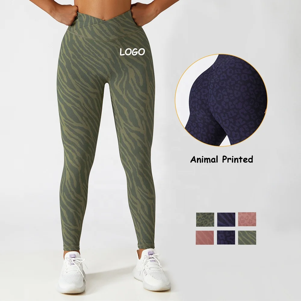 Custom Logo Training Wear Squat Proof Fitness Workout V Waist Butt Lifting Yoga Pants Zebra Leopard Print Women Scrunch Leggings