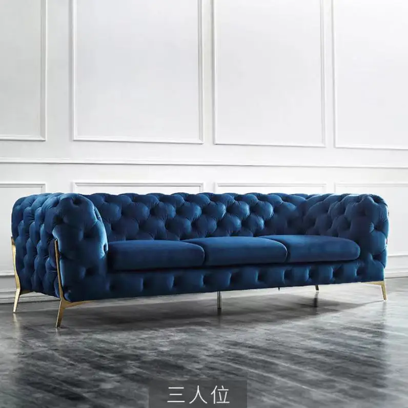 Upholstery Couch Lounge Blue Velvet Chesterfield Living room Sofa With Golden