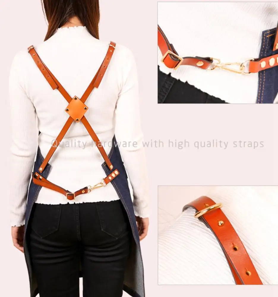 wholesale Custom denim working apron leather strap jean apron with pockets for flower shop and coffee shop