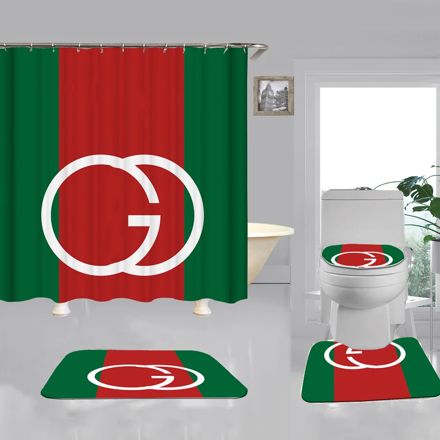 Hot Sale Luxury Shower Curtains Mat Bathing Sets Customized Designer Brand Bathroom Liner Sublimation 4 Piece Cortina de ducha