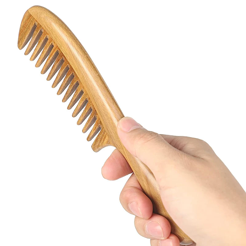 High Quality Natural Green Sandalwood Hair Comb Handmade Wooden Anti-Static Wide Tooth Comb