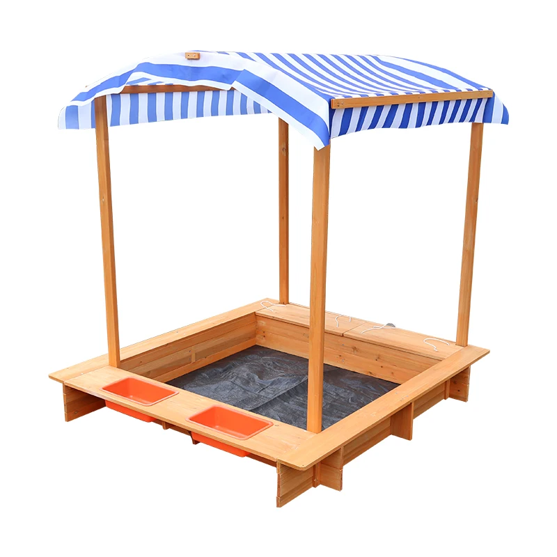 Outdoor Playground Wooden Sandbox Covered Convertible Cedar Sandpit With Canopy wood sandbox For children