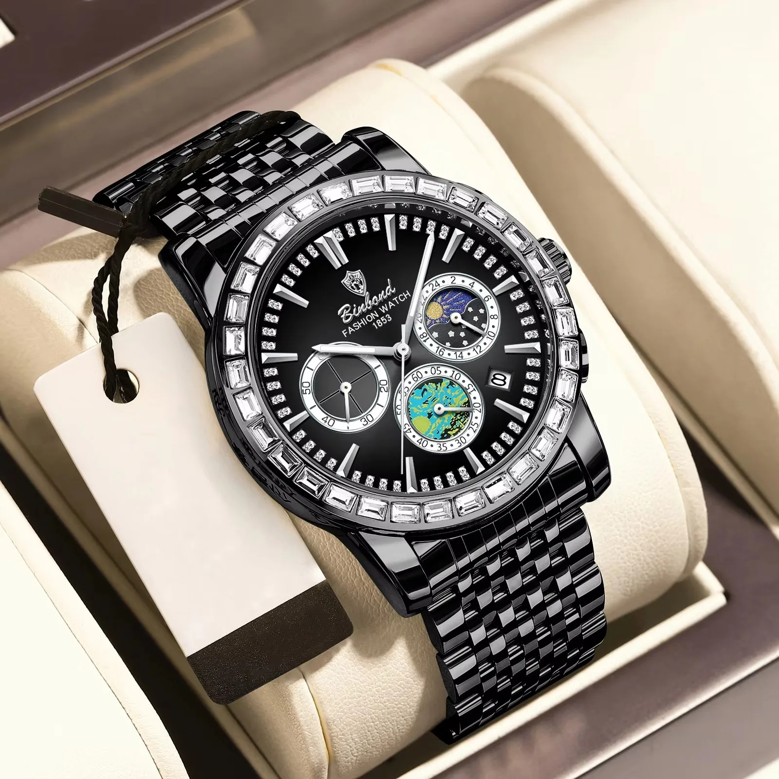 Binbond 8632 B8632 Diamonds Dial Design Fashion Luxury Male Wristwatch Luminous Hands Date Display Stainless Steel Men Watches