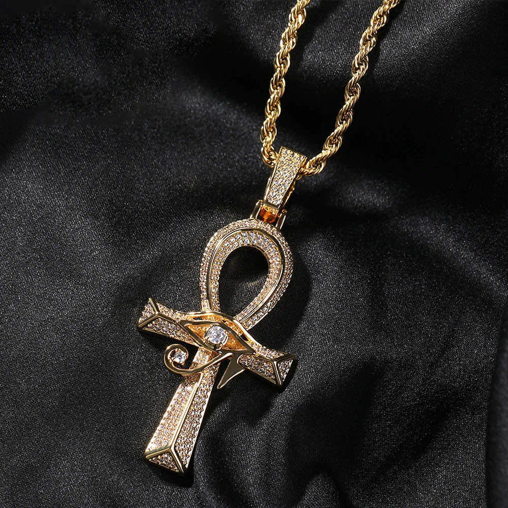 Iced Eye of Horus Egypt Ankh Pendant CZ Cross Ankh Good Luck Symbol Stainless Steel Pendant Necklace Hip Hop Pendant Amulet