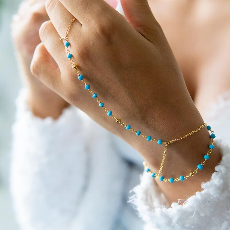18K Gold Plated Turquoise Gemstone Finger Ring Bracelet Sexy Slave Hand Chain Non-Tarnish Stainless Steel Unique Handcrafted