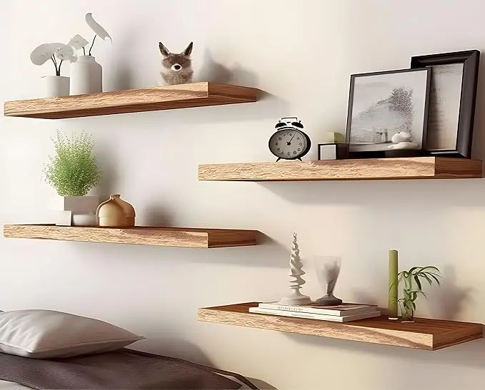 Natural Wood Floating Shelf for Home Storage & Organization, Set of 4