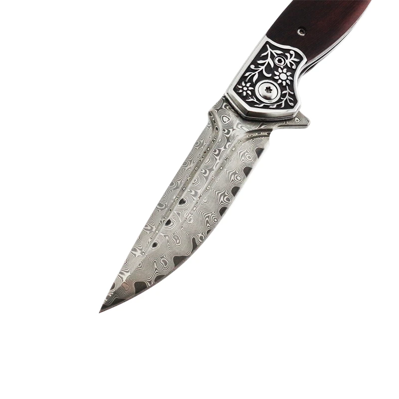 Damascus steel blade camping survival pocket damascus fold knife with leather sheath