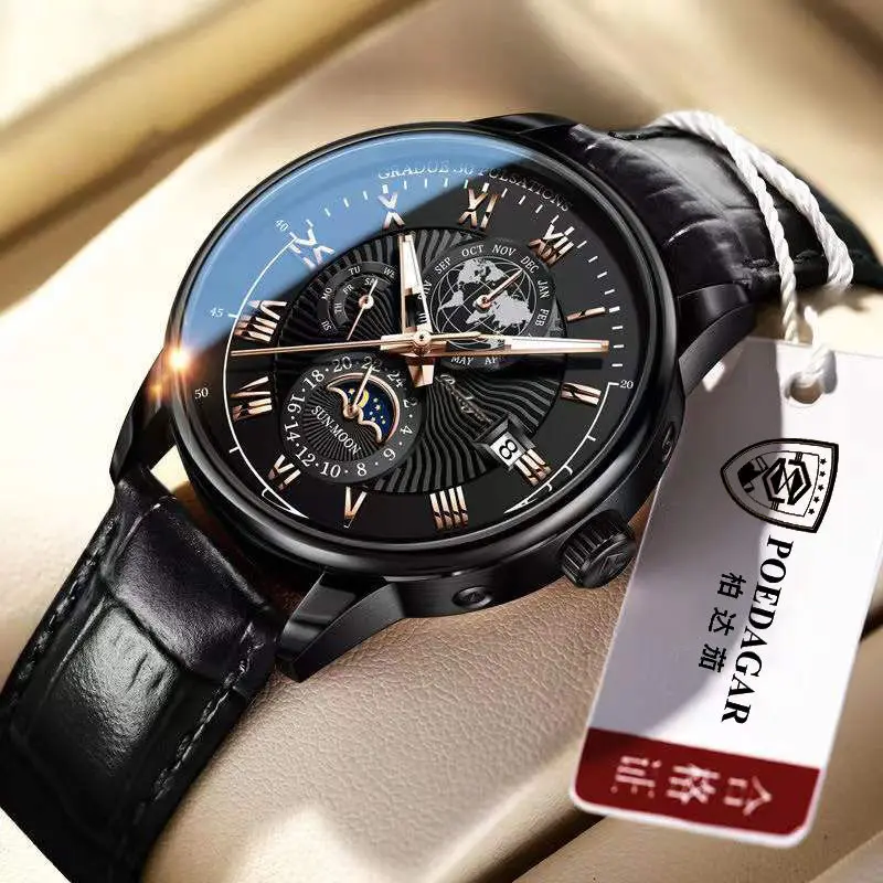Fashion New POEDAGAR 908 Reloj Leather Mens Luxury Business Quartz Wrist Watch for men