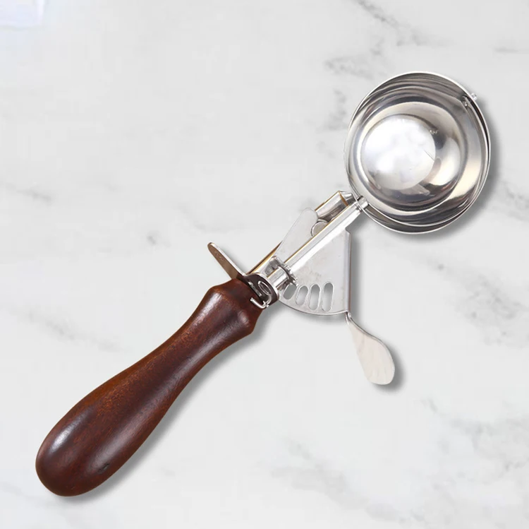 Stainless Steel Cookie Dough Scoop Ice Cream Scoop with Trigger Release and Wood Handle for Baking