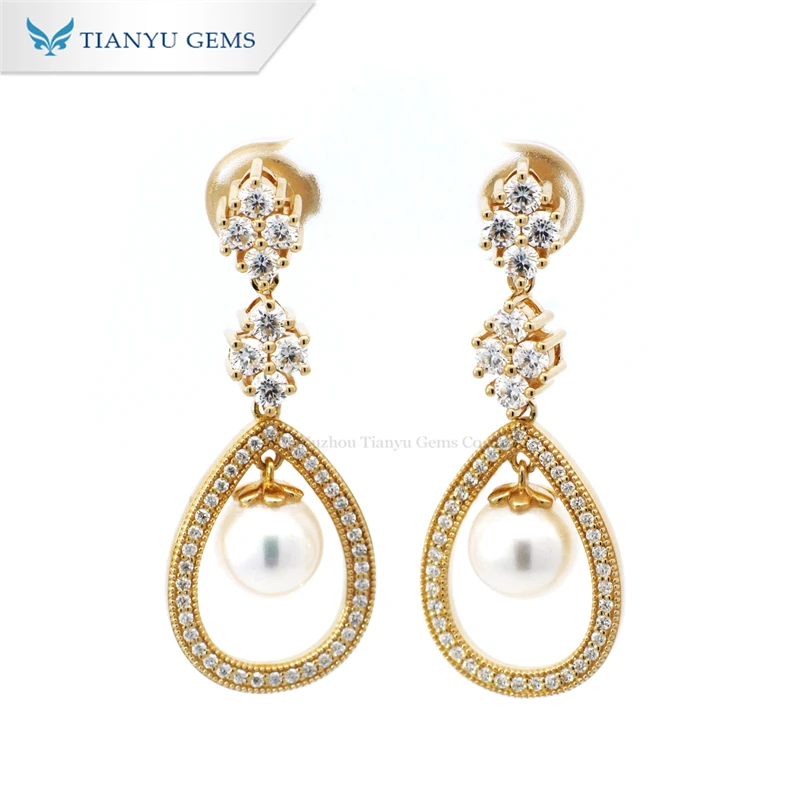 Tianyu bridal drop earing 925 sterling silver 18k vvs moissanite jewelry genuine natural fresh water gold and pearl earrings set