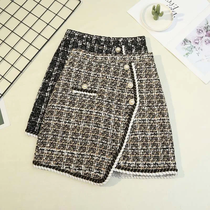High Waist Slimming 2024 Buttons Skirts Double Breasted Wool Mini Skirt Tweed Skirts for Women