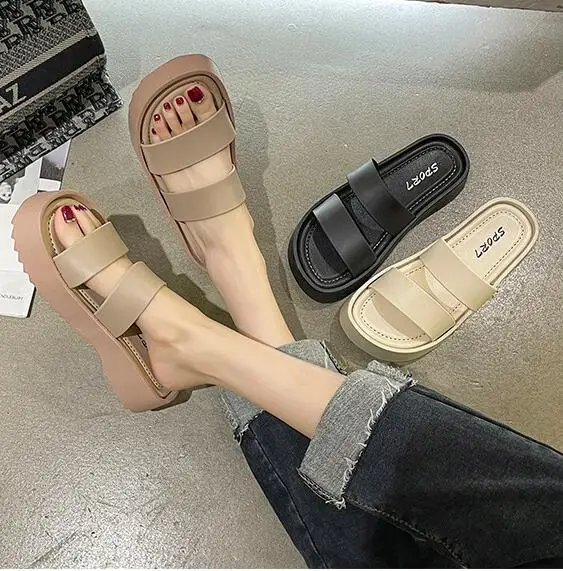 Сандалии женские на толстой подошве летние шлепанцы с двумя ремешками повседневные водонепроницаемые тапочки платформе