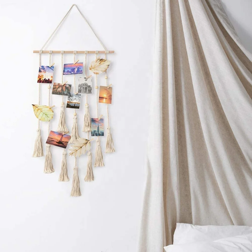 Macrame Woven Wall Hanging Plant Farmhouse Chic Wall Art Decor Hair Bow Clip Holder and Hanging Photo Display Organizer