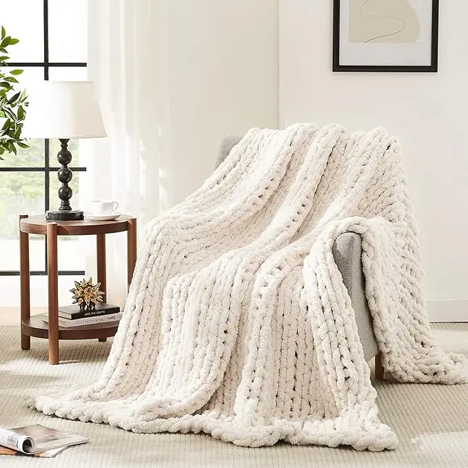 New Design Organic Cotton Sofa Chunky Knit Blanket Hot Sale Soft Touch Cable Knit Throw Knitted Blanket For Home