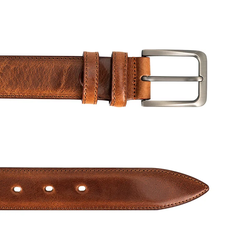 2022 super hot selling vintage design style brown color square metal alloy buckle grain pure leather belt for women and men