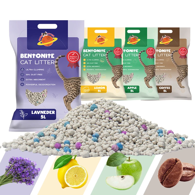 BSCI Cat Litter Factory 4kg 10kg 20kg Strong Agglomeration Deodorization ball shape color Bentonite Cat Litter Sand For Cat