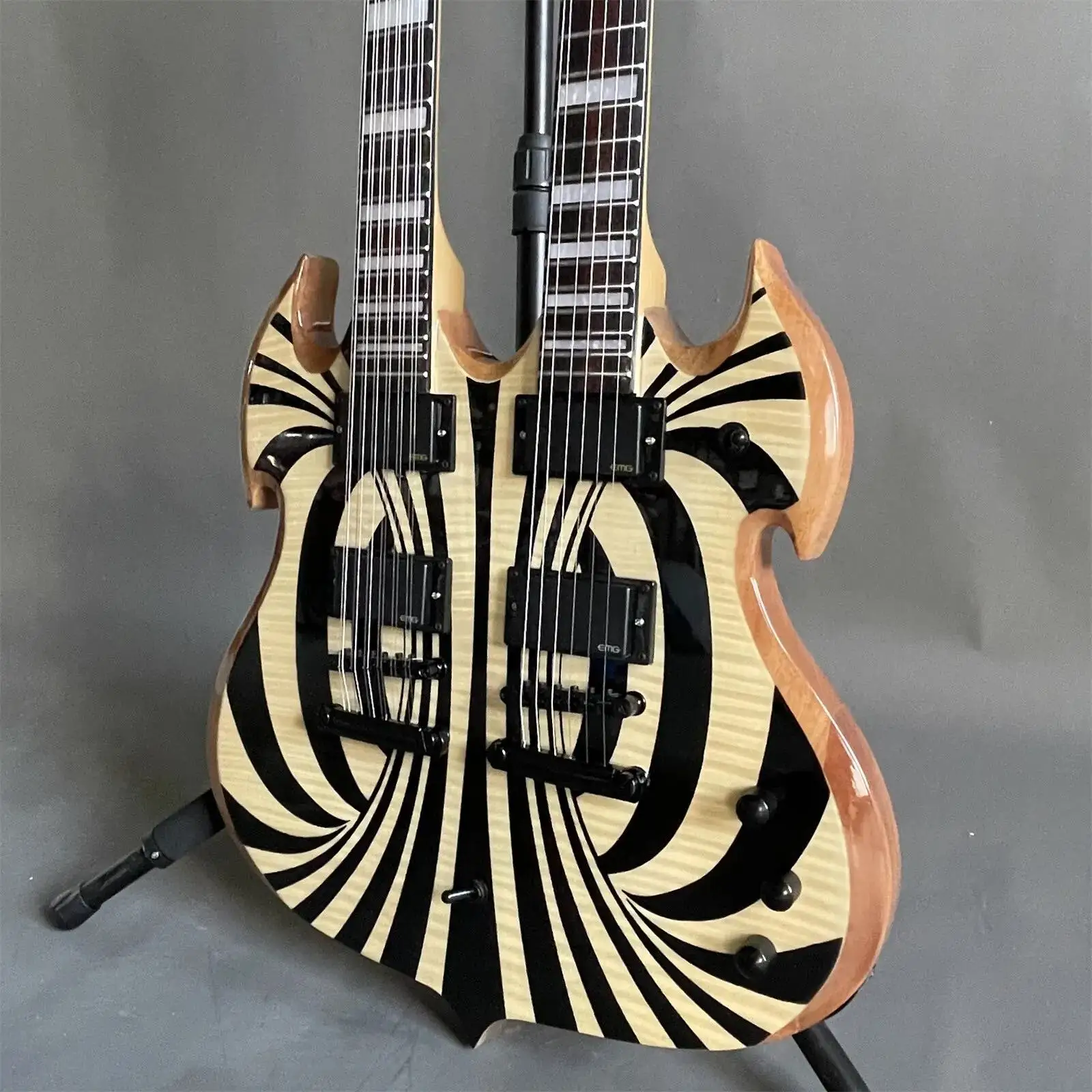 Custom Black Circle 12+6 Strings W Audio Double Neck Electric Guitar 4EMG Pickups Mahogany Body