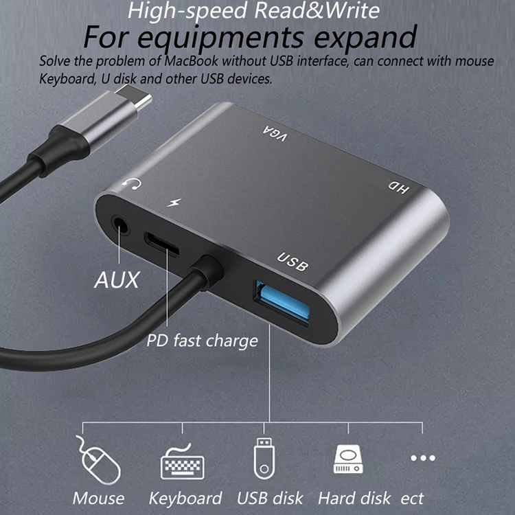 FARSINCE Type C 5 in 1 hub USB C to HDMI VGA 3.5mm audio USB 3.0 PD charging 5 in 1 Hub adapter