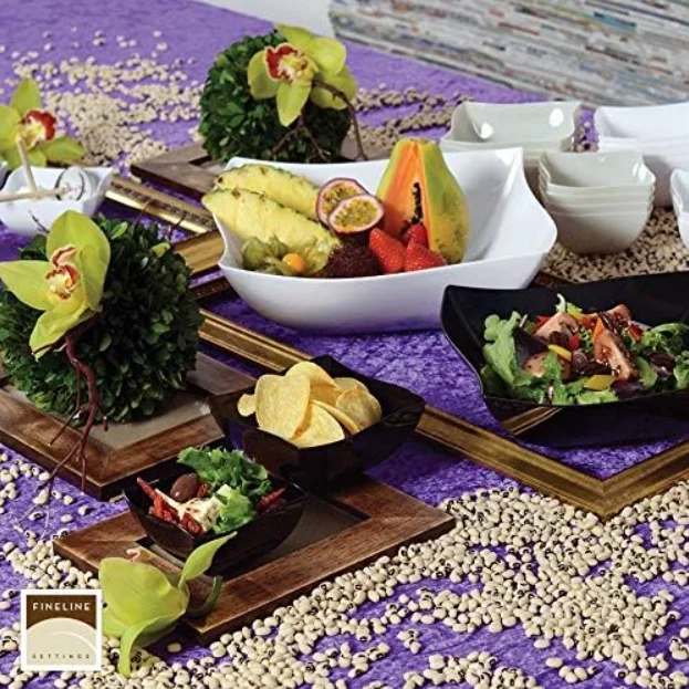 Elegant Wave Shaped Square Hard Plastic Reusable Serving Bowls/Plastic Serving Dishes/Plastic Salad Bowls - White - 32oz