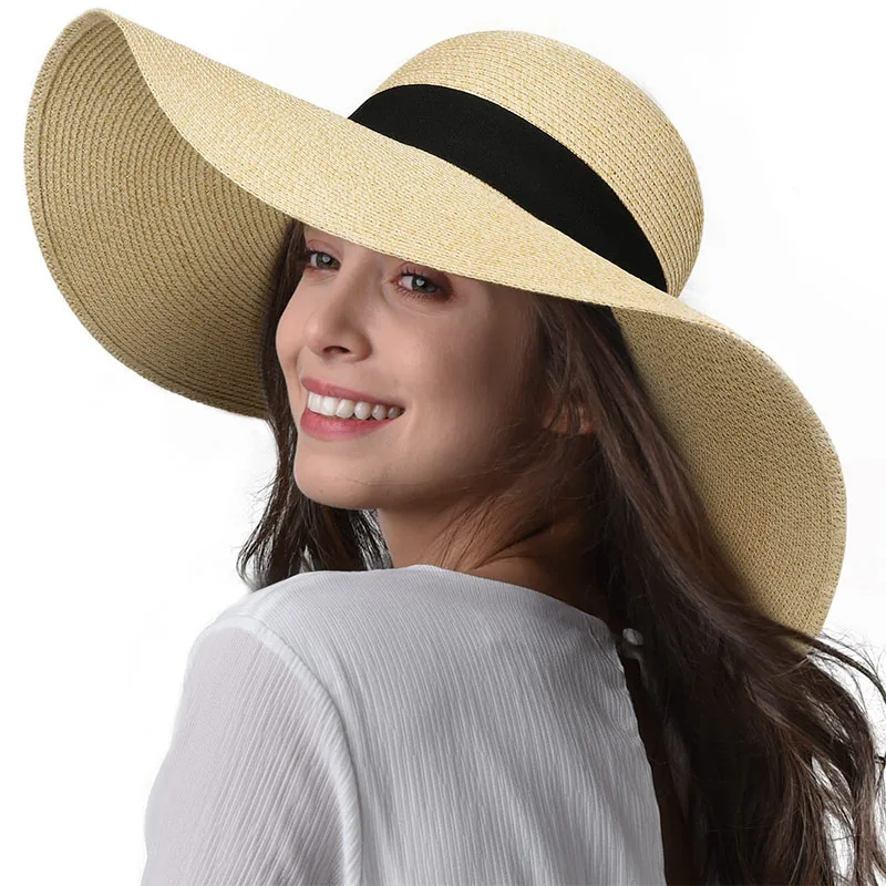 QIANXUN Womens Sun Straw Hat Wide Brim UPF 50 Summer Hat Foldable Roll up Floppy Beach Hats for Women