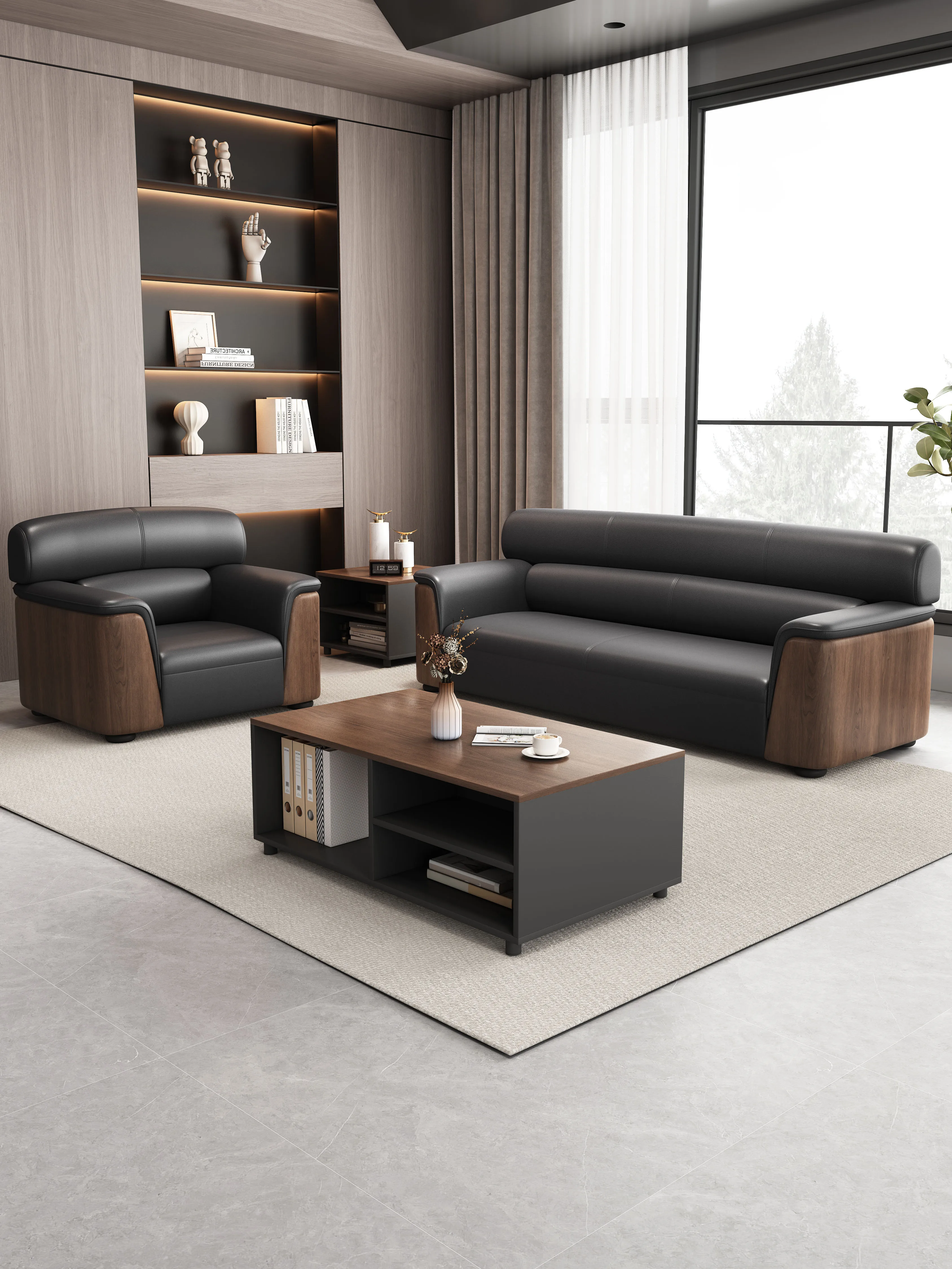 High back black leather middle size sofa for four seater with wooden base for home office and office building