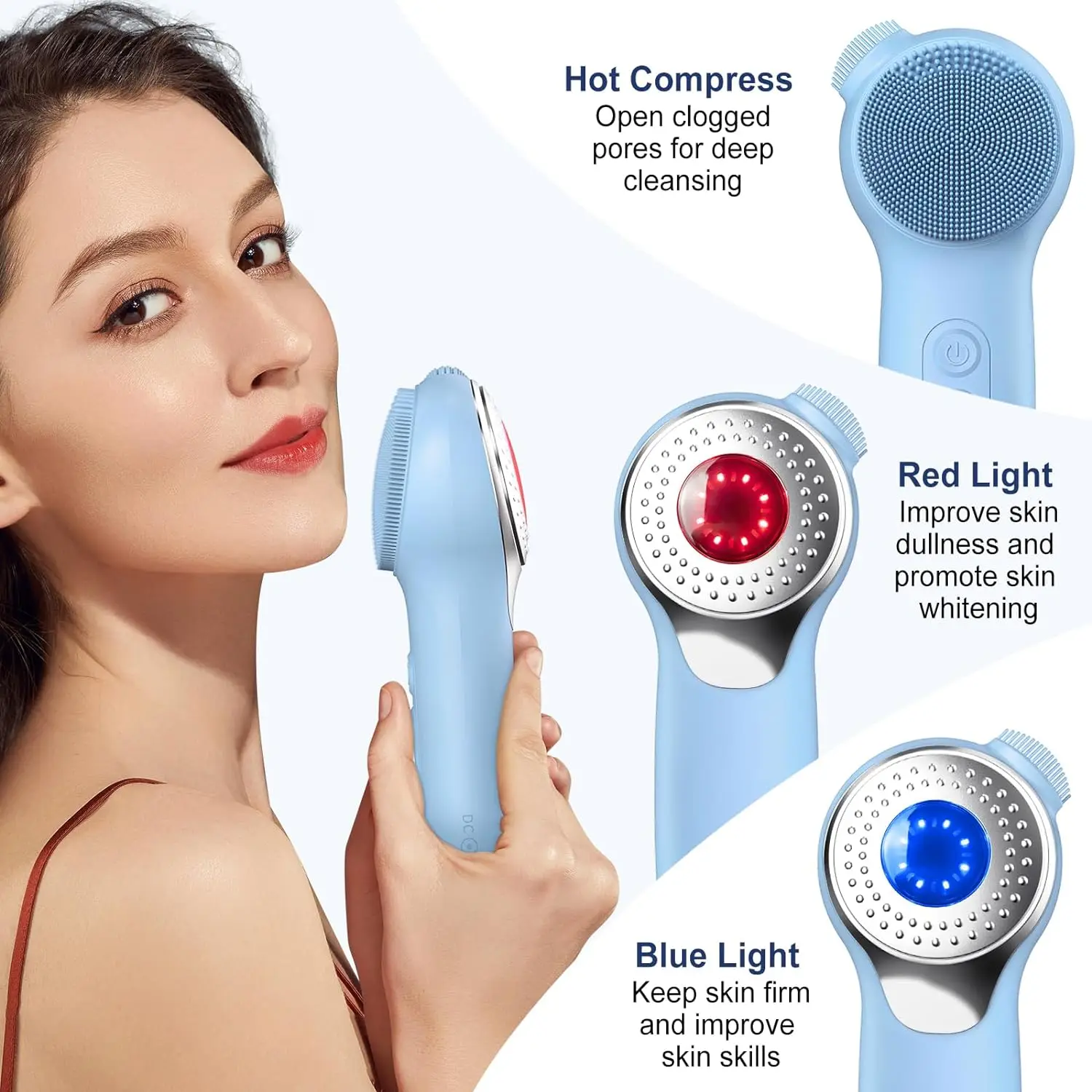 New Rechargeable Silicone Cleanser IPX7 Waterproof Red And Blue Light Vibration Hot Compress Facial Cleanser