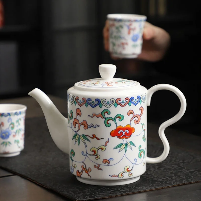 New Style Vintage Fancy Small Ceramic Tea Cup Set Gift Beautiful Colorful Print Kung Fu Tea Cup And Pot Set