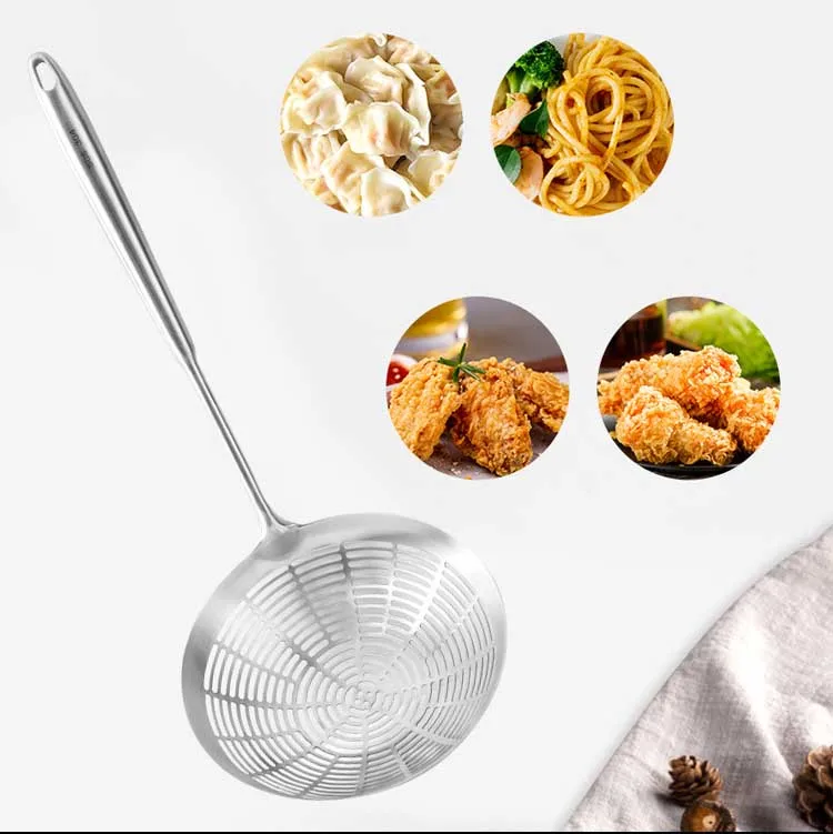 Durable Colander Cooking Strainer Spoon Stainless Steel Round Handle Skimmer Slotted Spoon For Kitchen