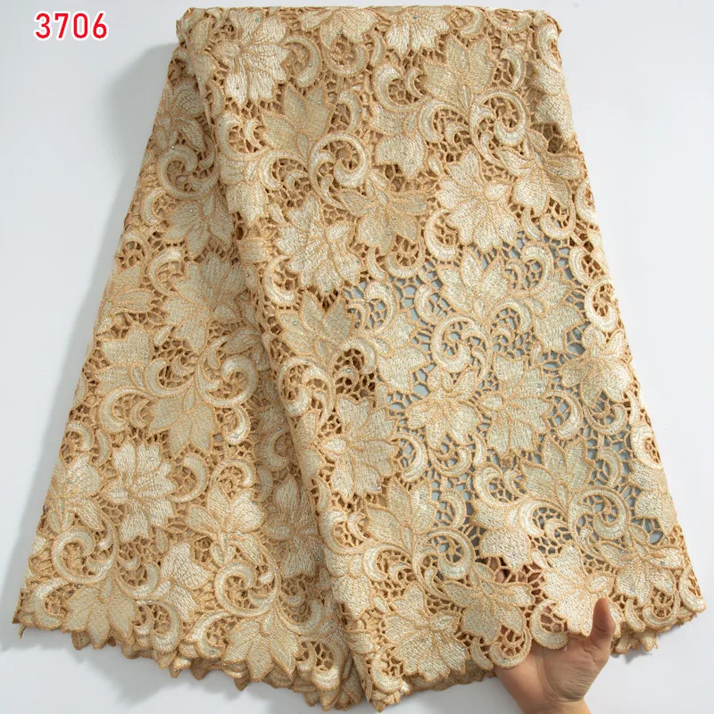 3706 Wholesale African Water Soluble Lace Hot Selling Nigeria Guipure Cord with Rhinestones Cord Lace for Women Evening Dresses