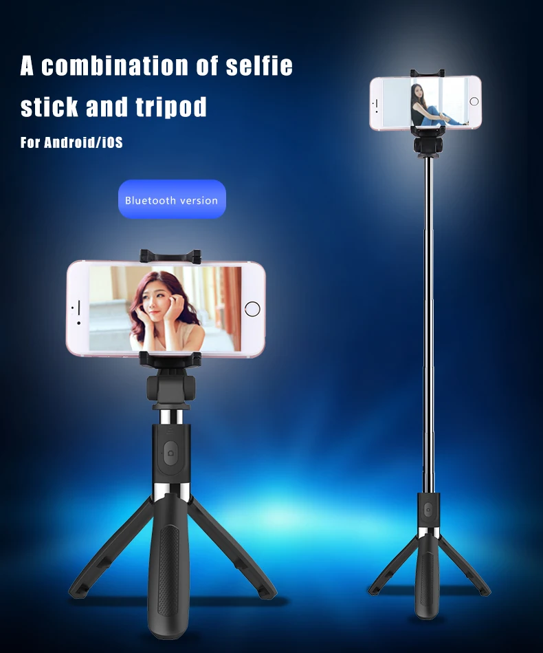2019 New 2 in 1 Foldable BT Shutter Remote Selfie Stick Tripod for iPhone and Android Phones(Black)