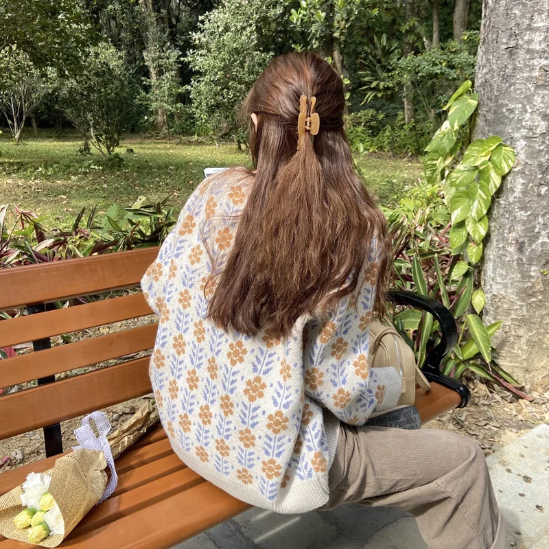 Woven Korean Version Rabbit fur Stylish Wool Long Sleeve Print Casual Women Sweaters Knit Cardigan