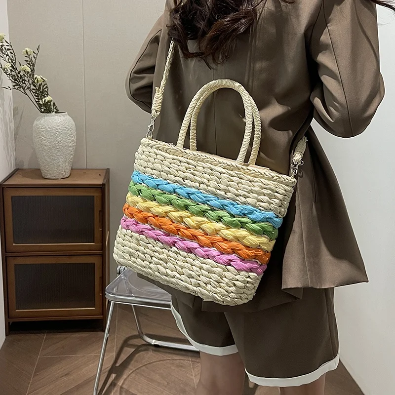 2024 Large Size Woven Straw Handbags Crossbody Rattan Handbag Buscket Bag Ladies Beach Travel Bag for Women