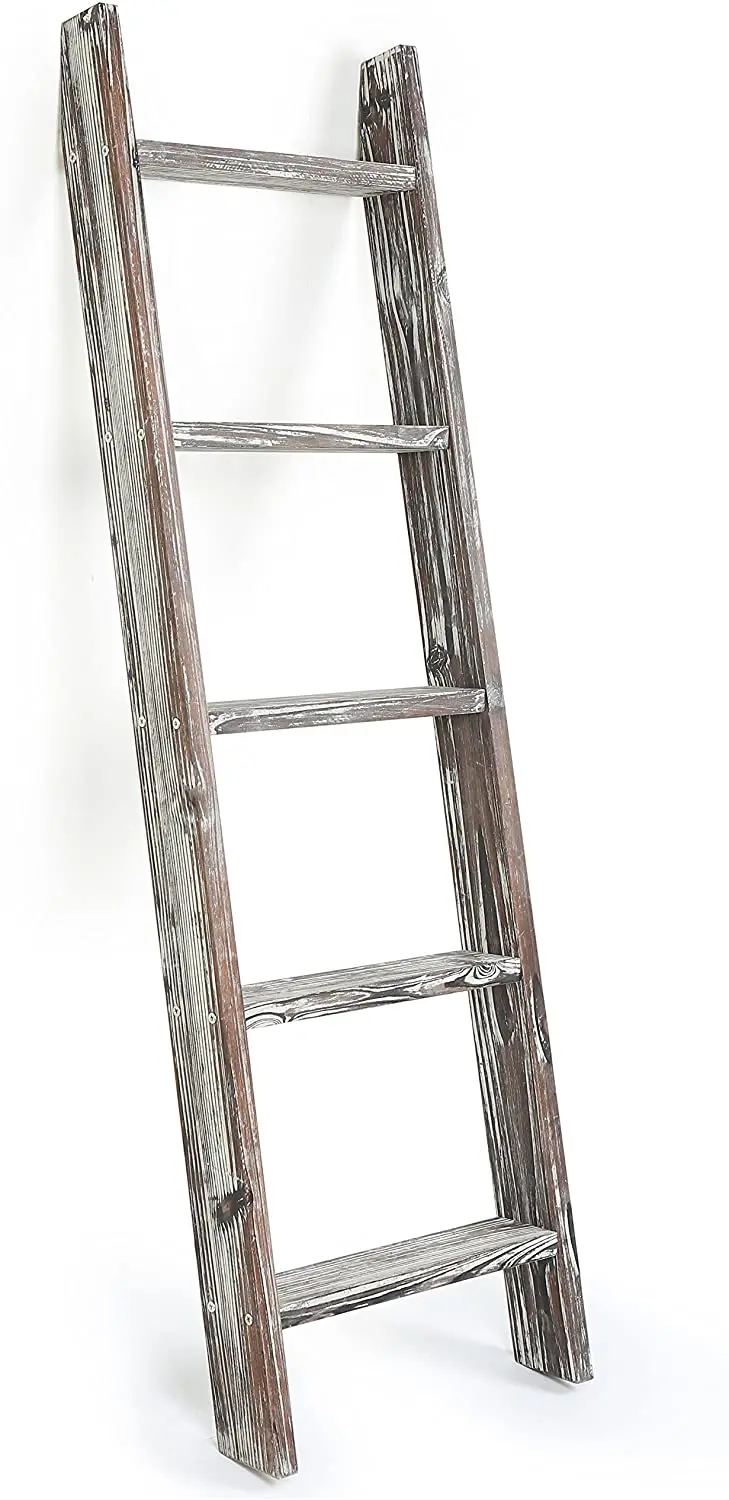 Blanket Ladder 5 ft. Premium Wood Rustic Decorative Quilt Ladder White Vintage Wooden Decor Throw Blankets Holder Rack