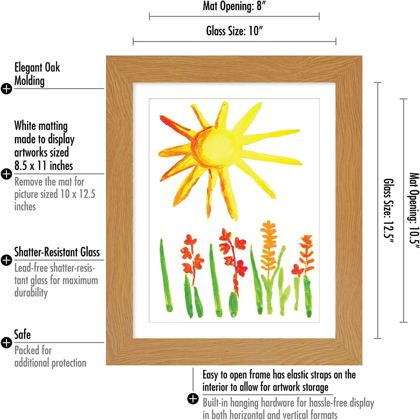 Kids Artwork Picture Frame in Oak - Displays 8.5x11 With Mat and 10x12.5 Without Mat - Composite Wood with Shatter Resistant