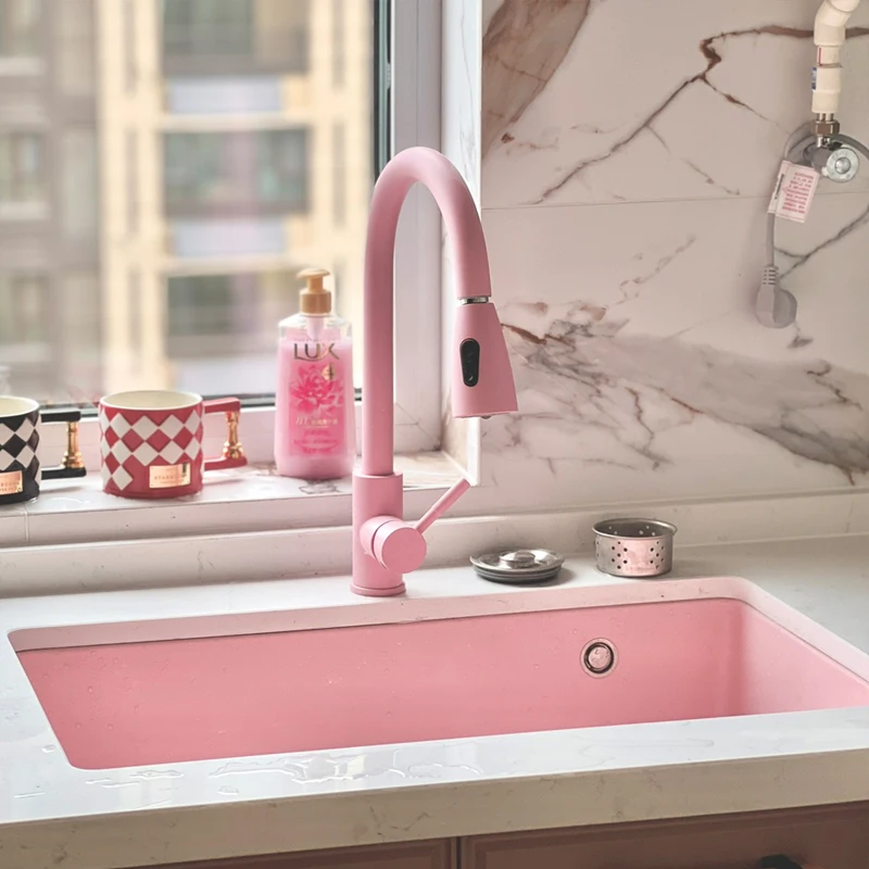 Kitchen Sinks Pink Granite Quartz Kitchen Wash Basin Sink With Cup Washer