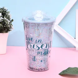 SOAR 16Oz горячая Распродажа двойная настенная цветная блестящая пластиковая чашка для питьевой воды с крышками и