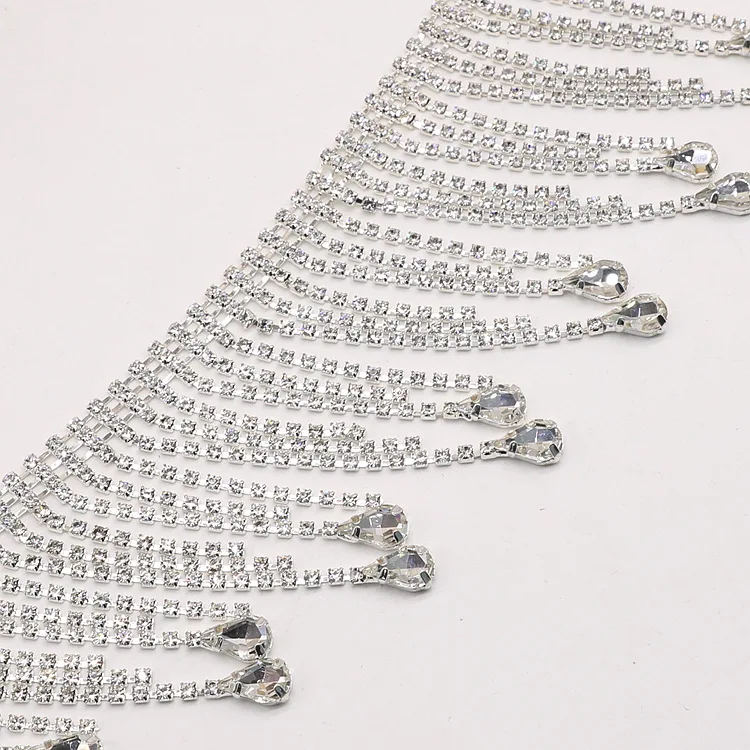 JFRT012 Bling Rhinestone Long Tassel Crystal Chain Diamante Clear Chain Rhinestone Trim Dance Clothes Collar Headband Lace Trim