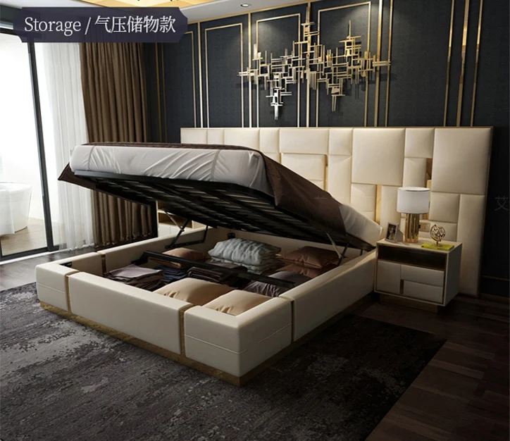 Italian ultra modern super king size genuine luxury leather bed with storage and long