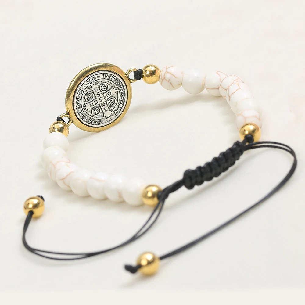 Zooying католический четки Святого Бенедикта круглые бирюзовые молитвенные бусины регулируемый браслет на веревке